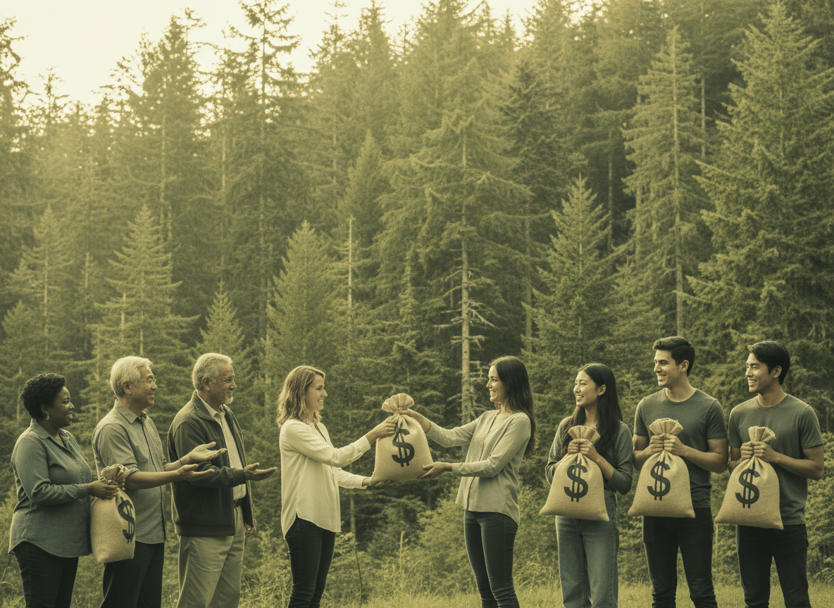 Illustration of community members sharing grant funding