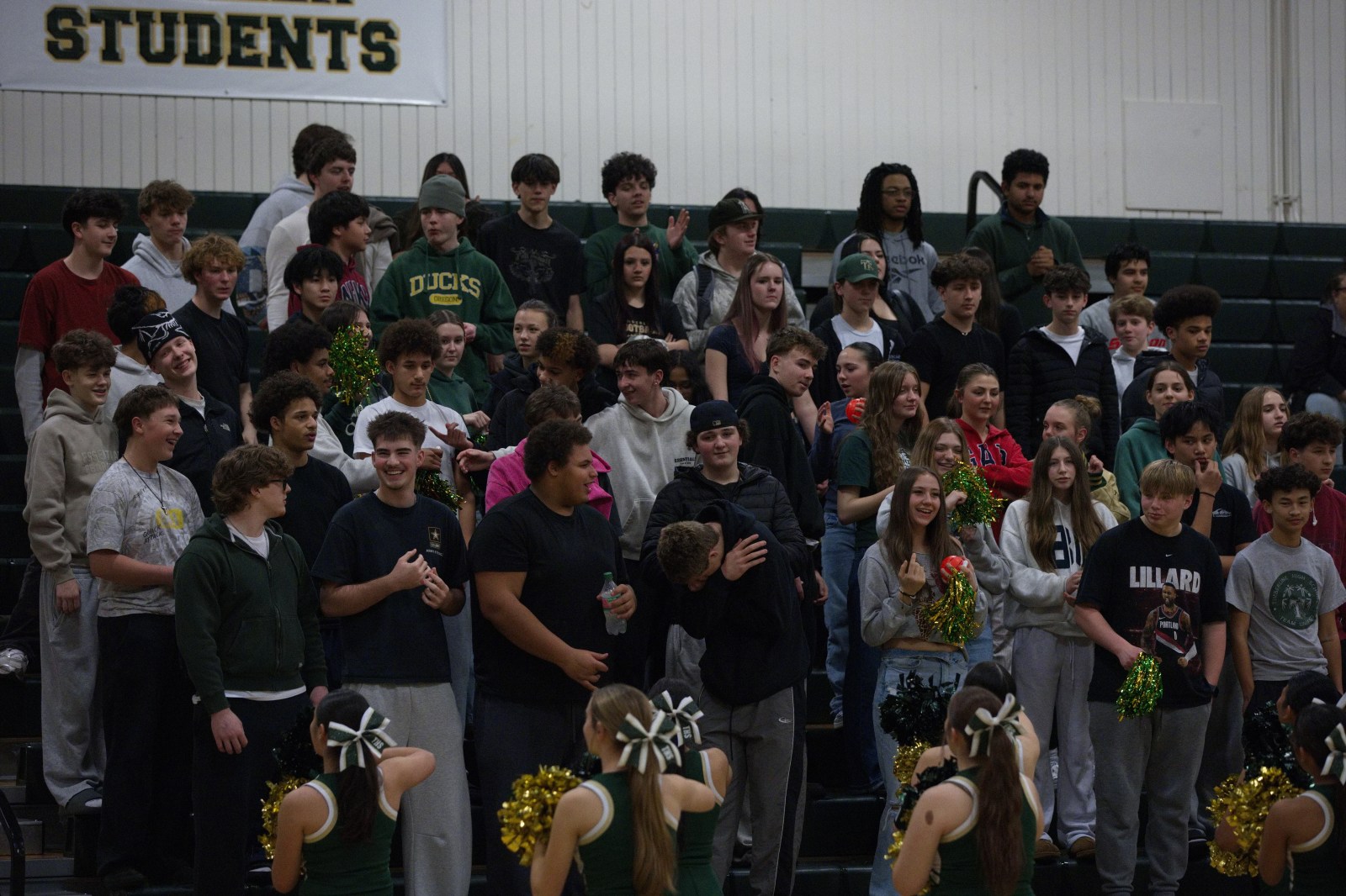 Timberline students and cheerleaders in the gym bleachers