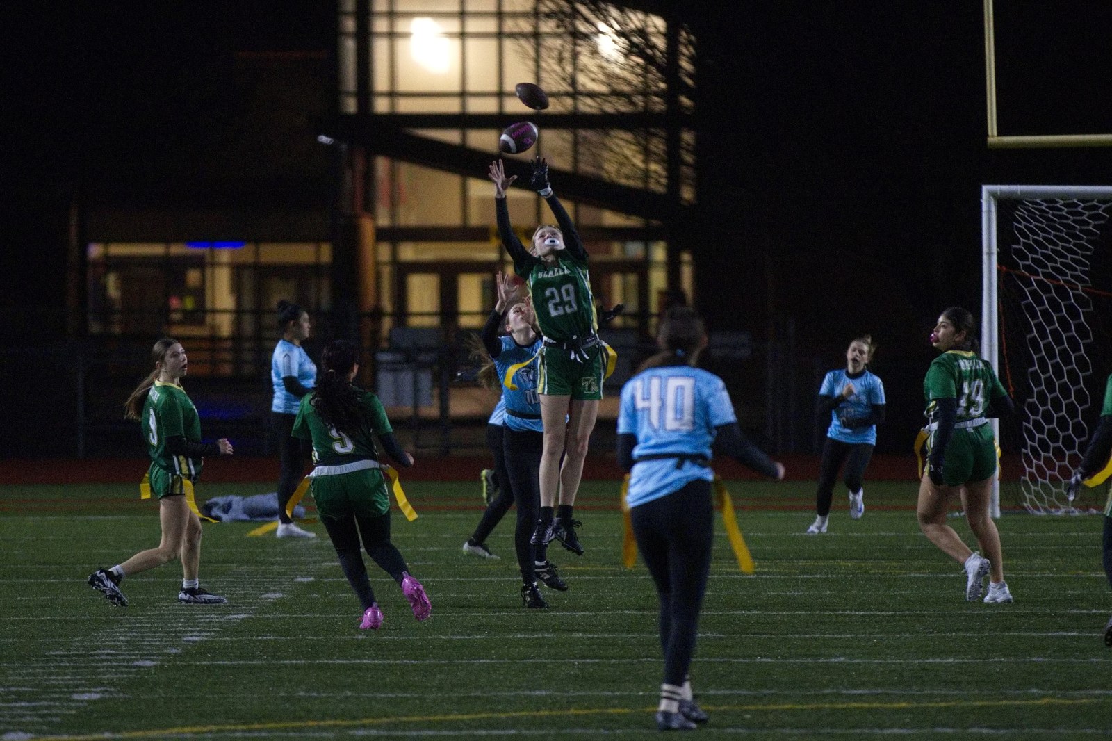 Timberline flag football player leaping for a catch